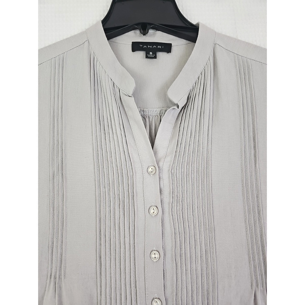 Tahari ~Woman Size S~ Gray Linen Blend Dress Pleated Coastal Roll-Up Sleeves. - Picture 11 of 15